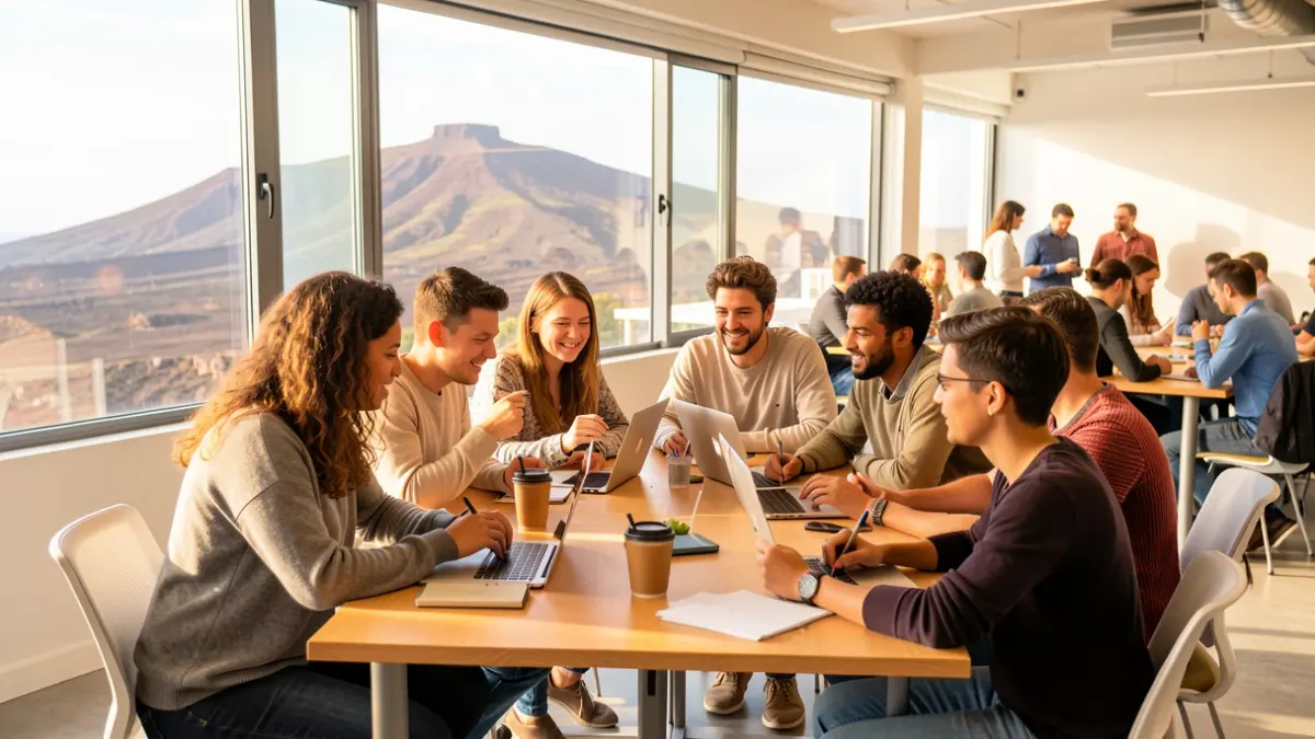 Young entrepreneurs collaborating in a Gran Canaria co-working space with views of the volcanic landscape.