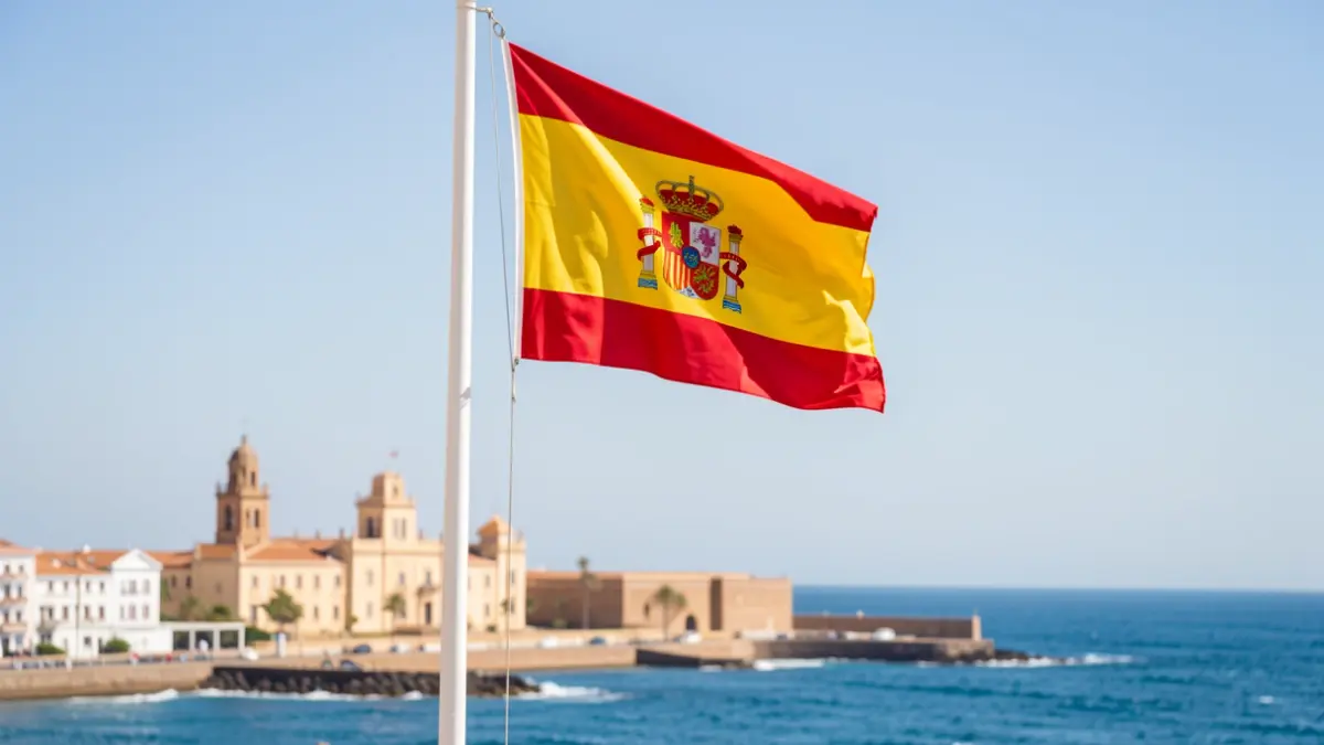 Raising of the Spanish flag in Arrecife, Lanzarote, next to the City Hall and the sea.