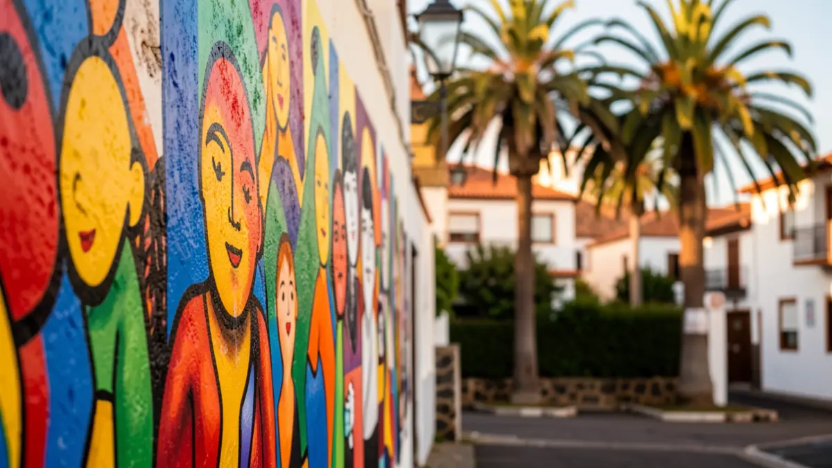 Mural de arte urbano en Arrecife con elementos abstractos y arquitectura local.