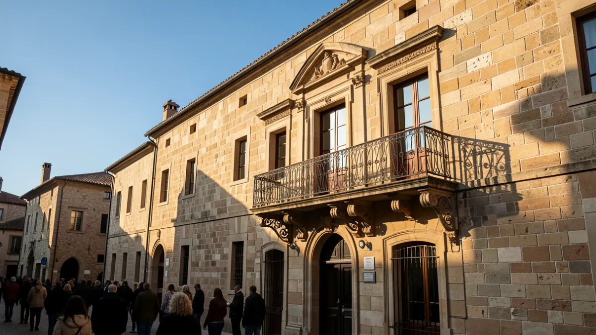 Generic image of a town hall facade with a balcony and iron railings, warm afternoon sunlight, blue sky.