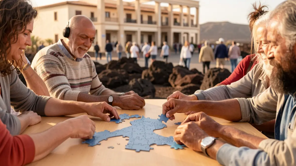 Hands collaborating to form a cat with puzzle pieces, with the Arrecife City Hall and Lanzarote's landscape in the background.