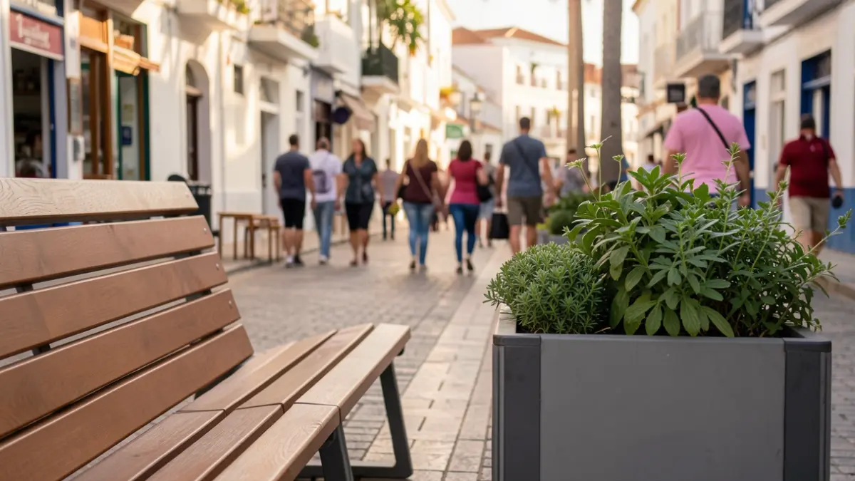 Generic image of a modern street bench and a planter with green plants, with a blurred background of a street in a Canary Islands town.