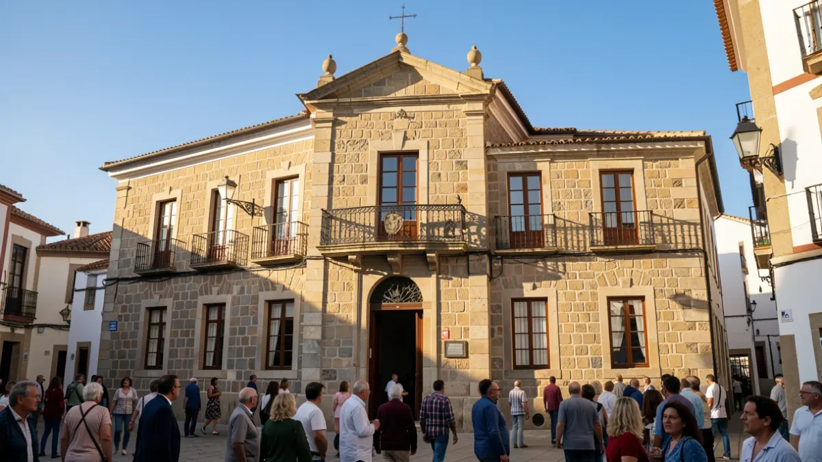Generic image of a town hall facade with a balcony, under afternoon sunlight.
