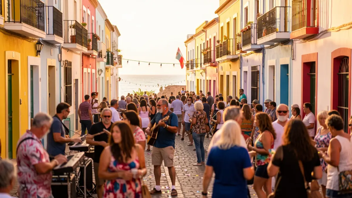 Imagen genérica de una calle animada durante un festival de música en Canarias, con edificios coloridos y ambiente festivo.
