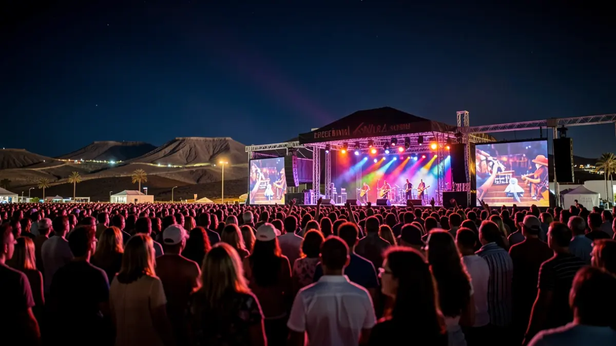 Night scene of an outdoor music festival in Arrecife, Lanzarote, with a crowd and illuminated stage.