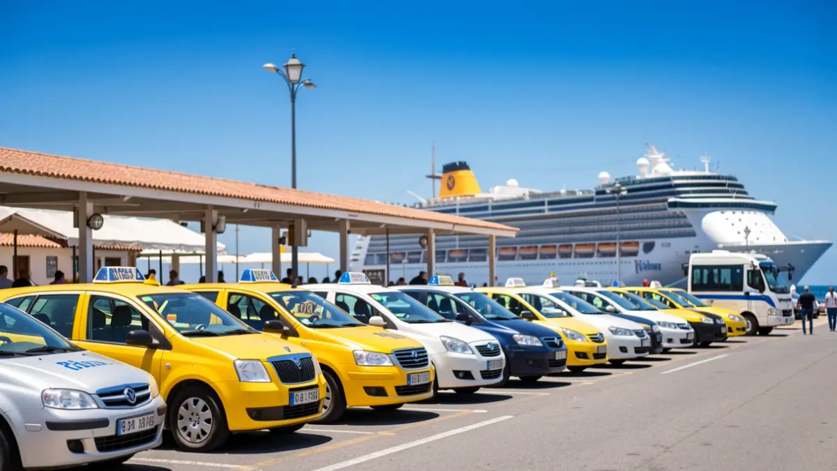 Taxis esperando pasajeros en el puerto de Arrecife durante la llegada de un crucero.