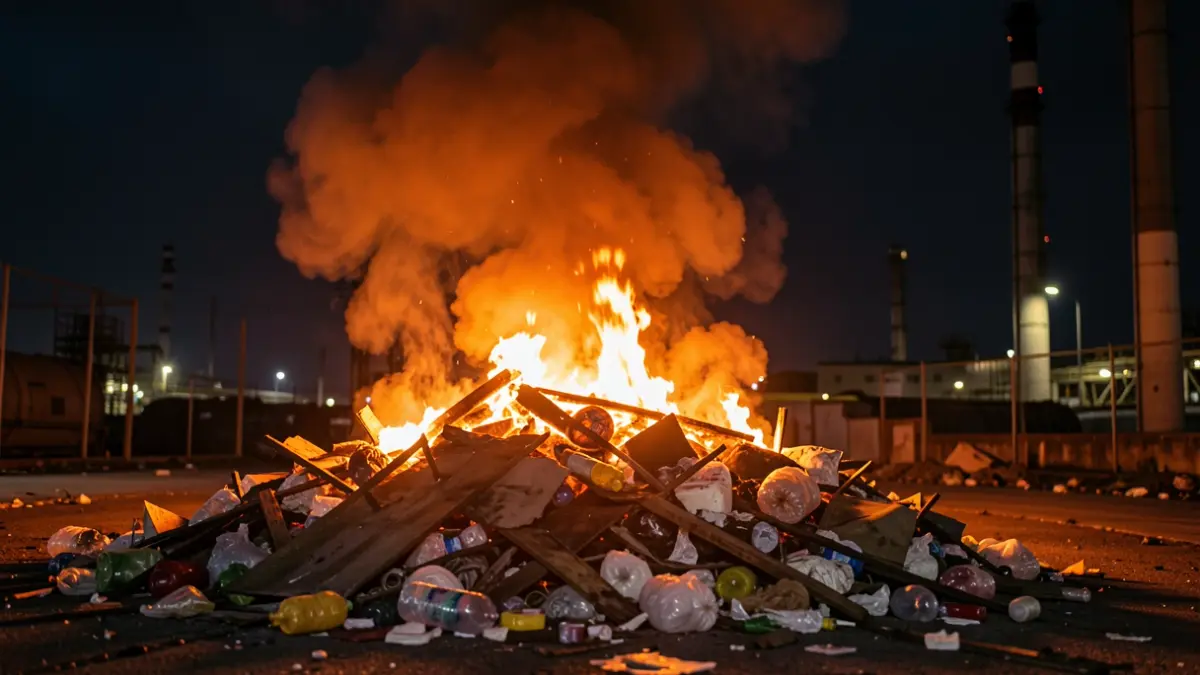 Generic image of a pile of burning trash in an industrial area at night, with orange flames and smoke rising against a dark sky.