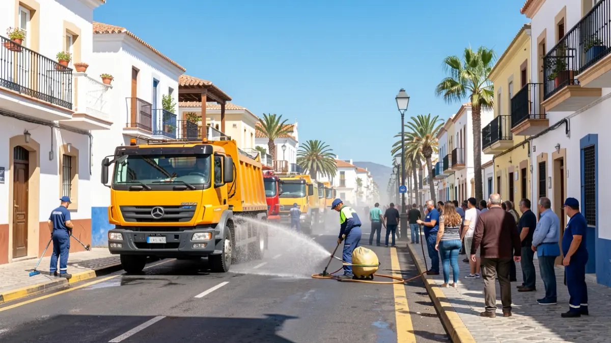 Image of urban cleaning in Arrecife, Lanzarote, with water trucks and workers.