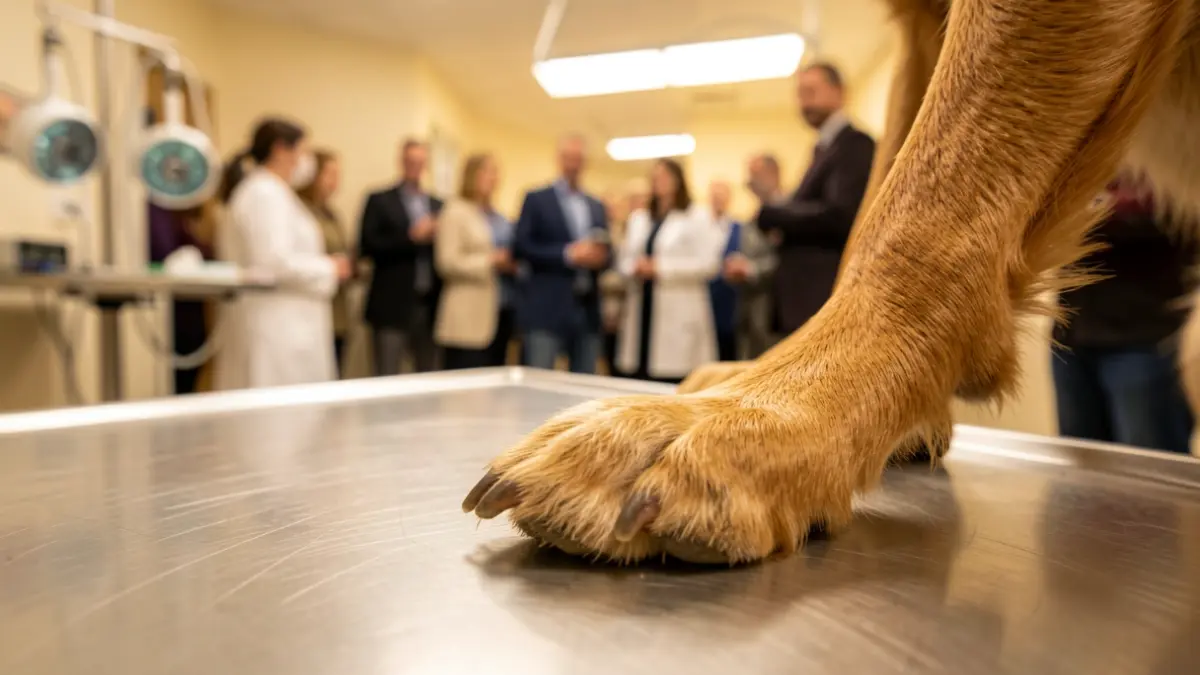 Close-up of a dog's paw on a veterinary examination table with blurred surgical instruments in the background.