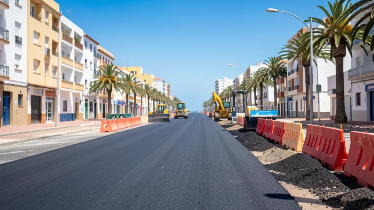 Generic image of asphalt paving work on an urban street in Arrecife, Lanzarote, with machinery and barriers.