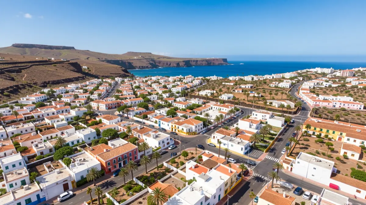 Generic image of urban streets and coastal landscape in Arrecife, with traditional architecture under a blue sky.