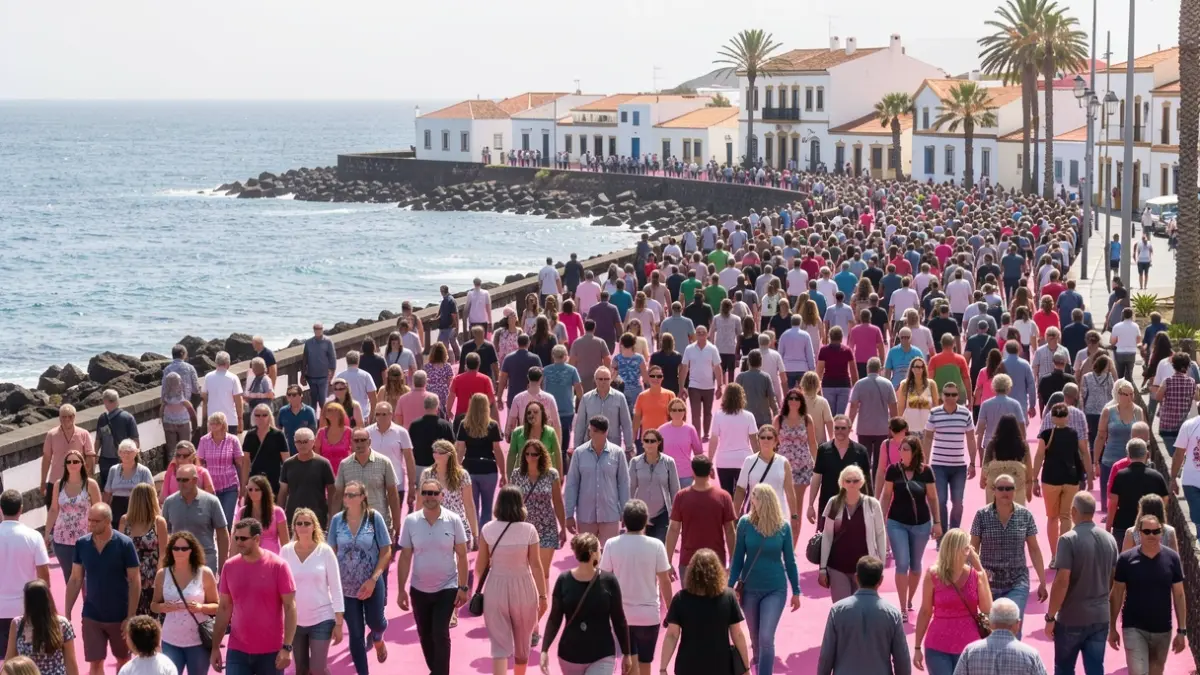 Generic image of a crowd walking along a seaside promenade with the ocean in the background.