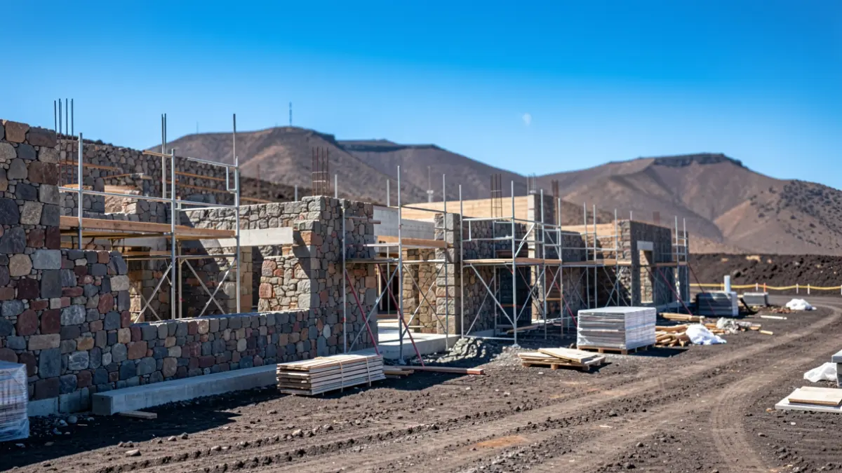 Ongoing construction of the Municipal Music School of San Mateo, showing stone structures and scaffolding.
