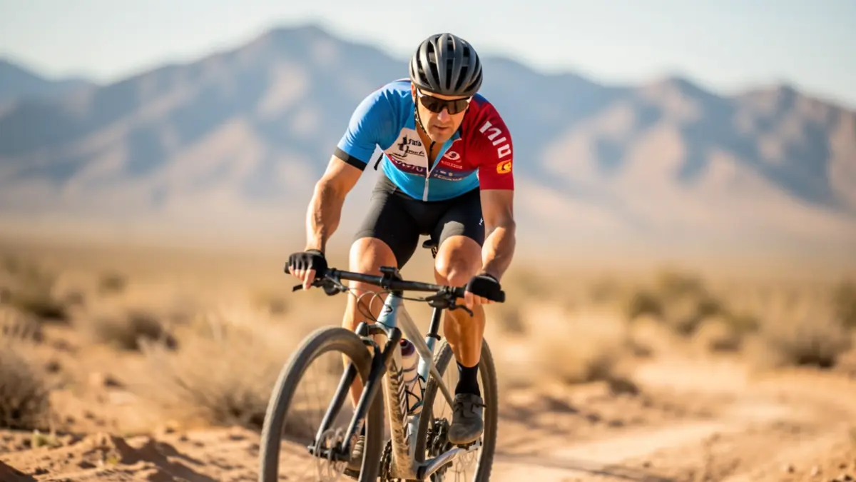Ciclista esforzándose en un paisaje desértico durante una carrera de BTT.