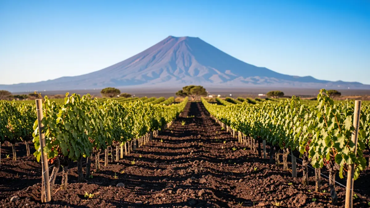 Vineyards in Tenerife with Mount Teide in the background.