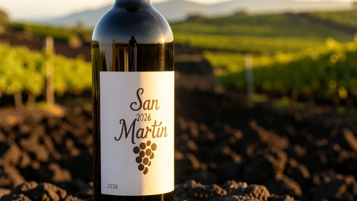 Botella de vino con etiqueta 'San Martín 2026' y racimo de uvas, sobre fondo de viñedos volcánicos de La Palma.