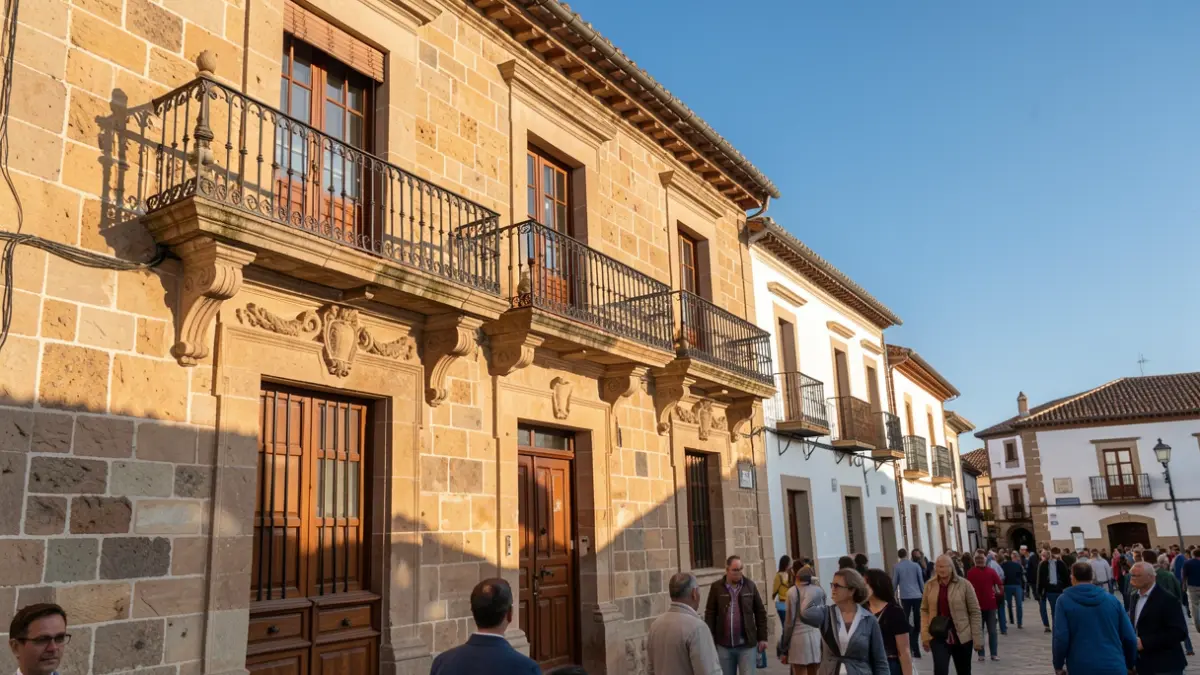Generic image of a traditional Canarian public building facade with a balcony and sunlight.