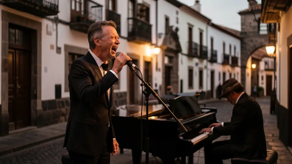 Imagen genérica de un tenor cantando en un escenario íntimo, acompañado al piano, en un entorno urbano histórico con arquitectura tradicional.