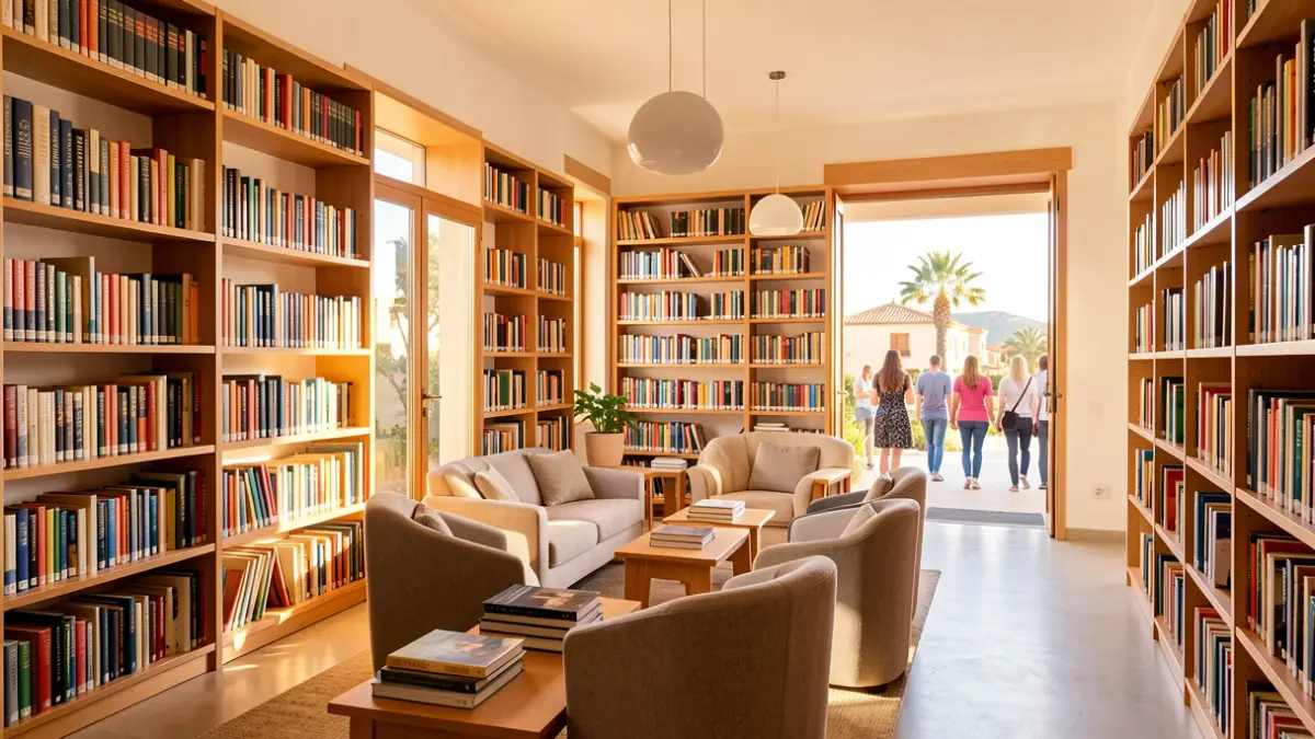 Imagen genérica de una biblioteca moderna en Canarias con estanterías llenas de libros y una zona de lectura.