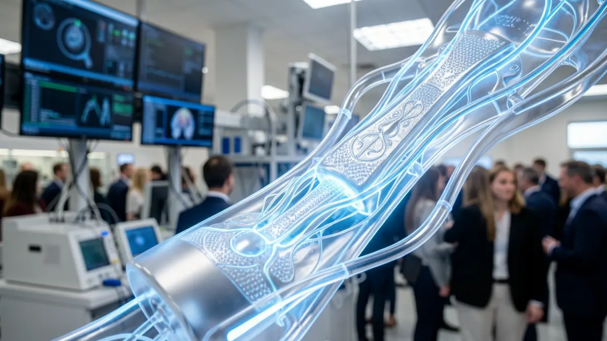 Primer plano de un implante biomédico futurista con detalles intrincados, brillando suavemente, contra un fondo borroso de equipo de laboratorio y pantallas de datos.