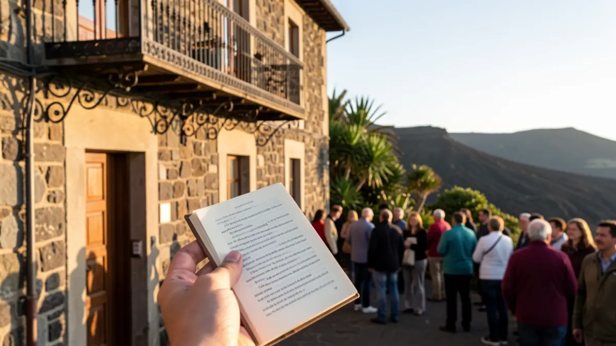 Facade of a traditional La Gomera building with iron balconies and warm sunlight, and a close-up of a hand holding an open book.