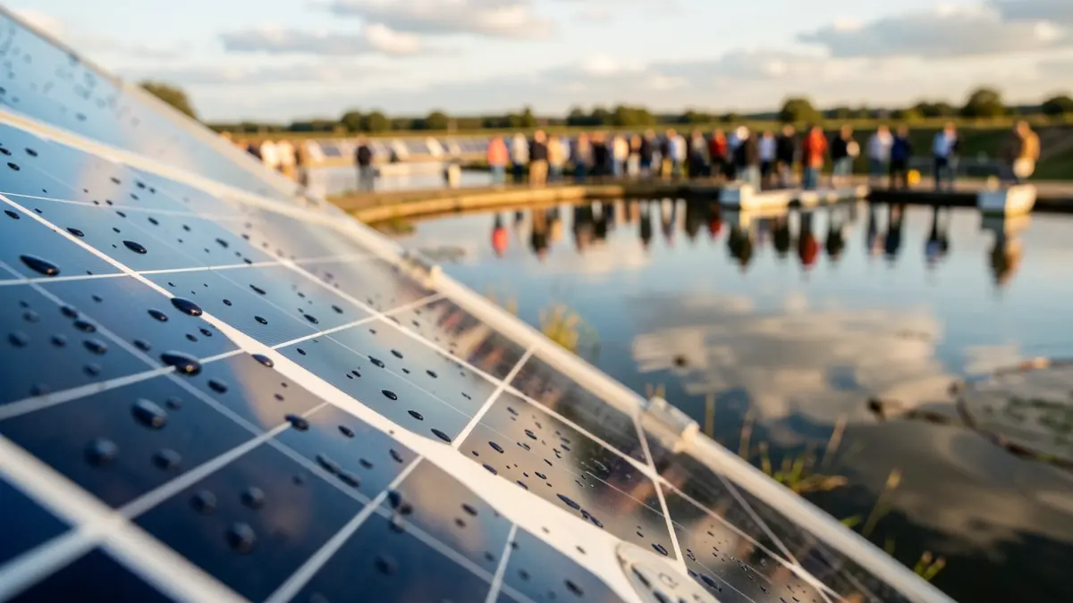 Generic image of a floating solar panel on water, with droplets and reflections.