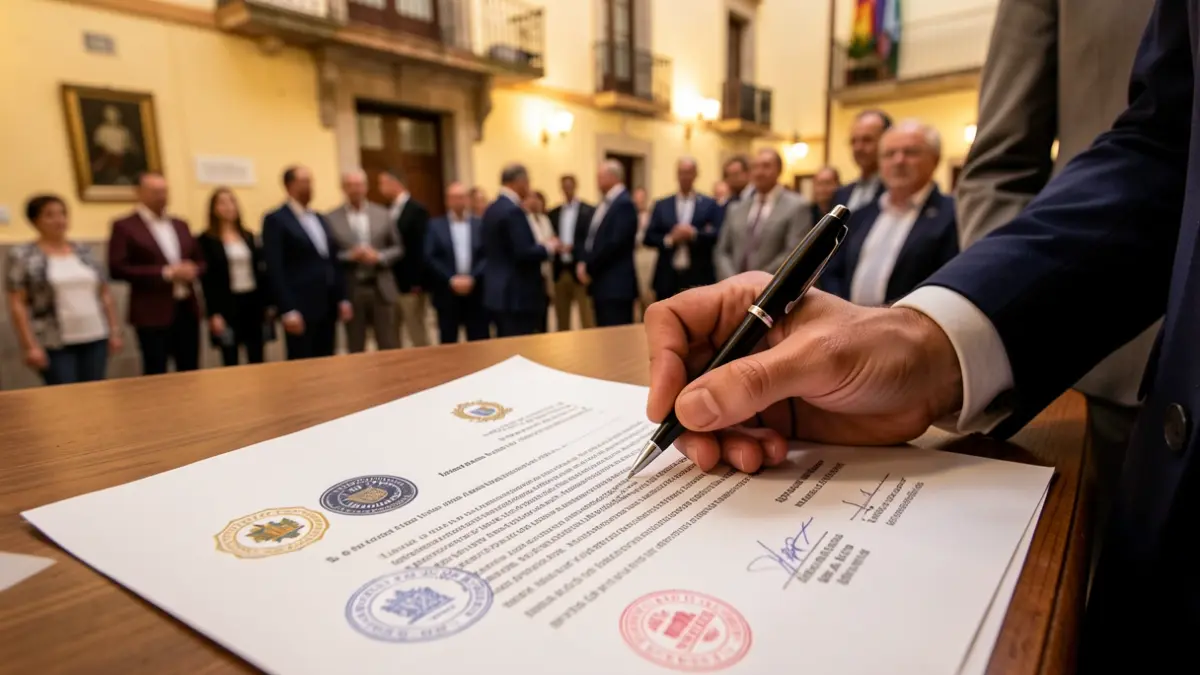 Generic image of a legal document being signed, with official seals and a hand in a formal suit. Canarias architecture in the background.