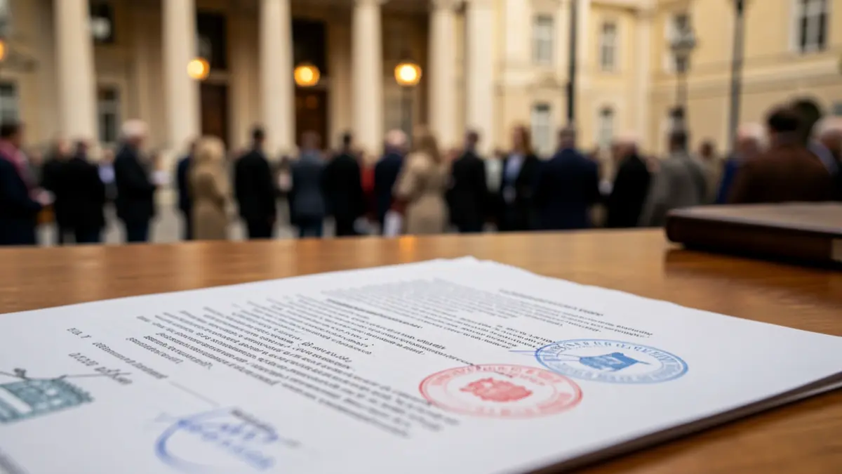 Generic image of an official legal document with seals and a desk.