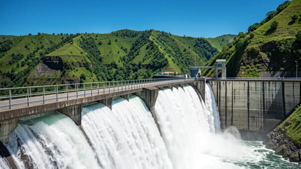 Generic image of a large hydroelectric dam with water flowing down a volcanic slope.