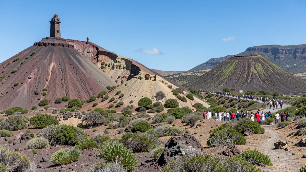 Generic image of volcanic cones with intact primitive structures in a Canarias landscape, showing geological formations and diverse vegetation, under a clear blue sky.