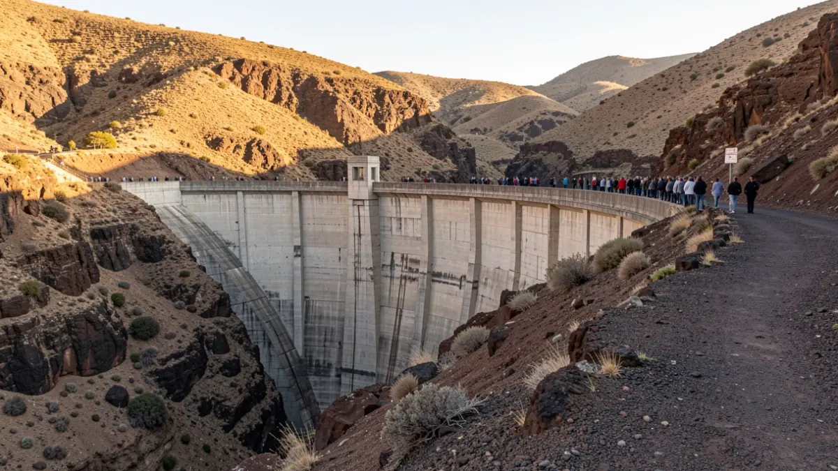 Image of the La Encantadora dam in Vallehermoso, La Gomera, with the surrounding arid landscape.