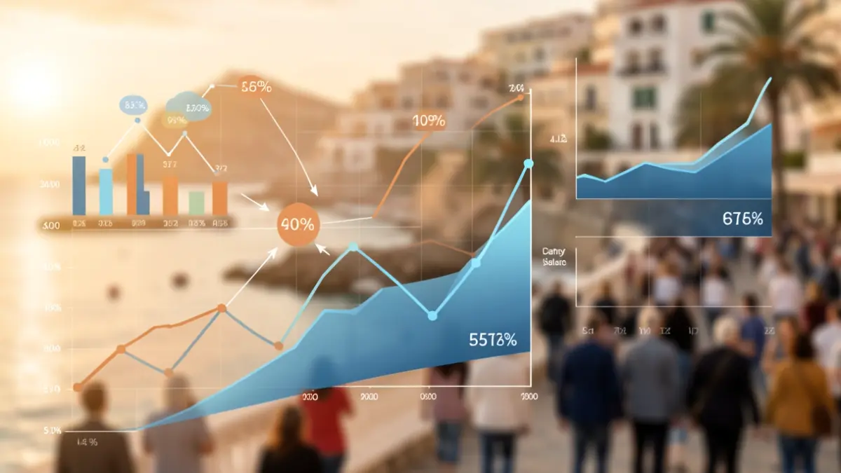 Imagen genérica de gráficos estadísticos y flujos de datos abstractos en tonos tierra y azules, representando la estadística de dependencia en Canarias.