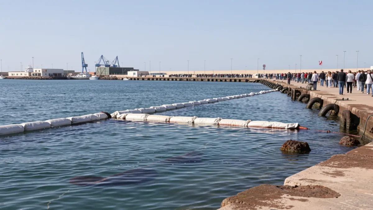Imagen de las labores de contención de un derrame de combustible en el Puerto de Arrecife, Lanzarote.