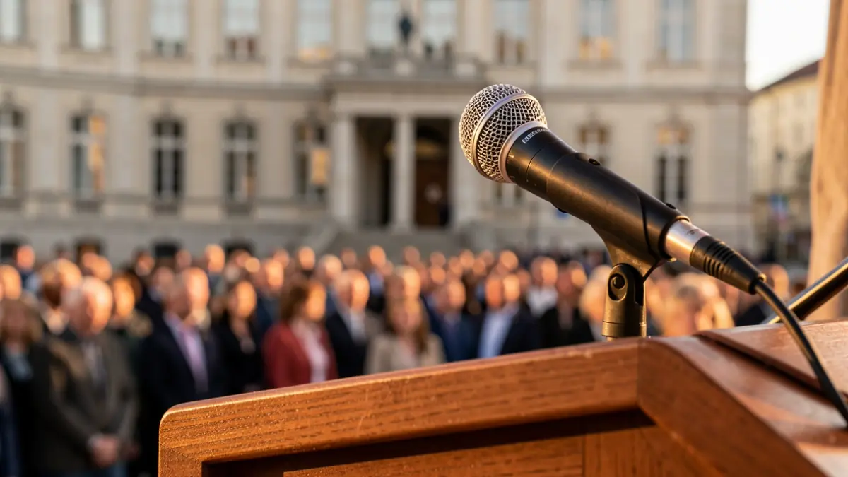 Microphone on a podium in front of an institutional building facade in the afternoon light.
