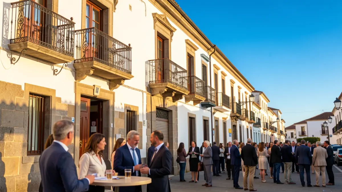 Fachada de un ayuntamiento canario tradicional con balcones de hierro y luz solar cálida de tarde.
