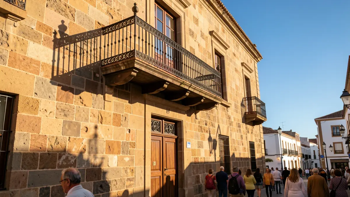 Generic image of a town hall facade with a balcony and iron railings, under afternoon sunlight.