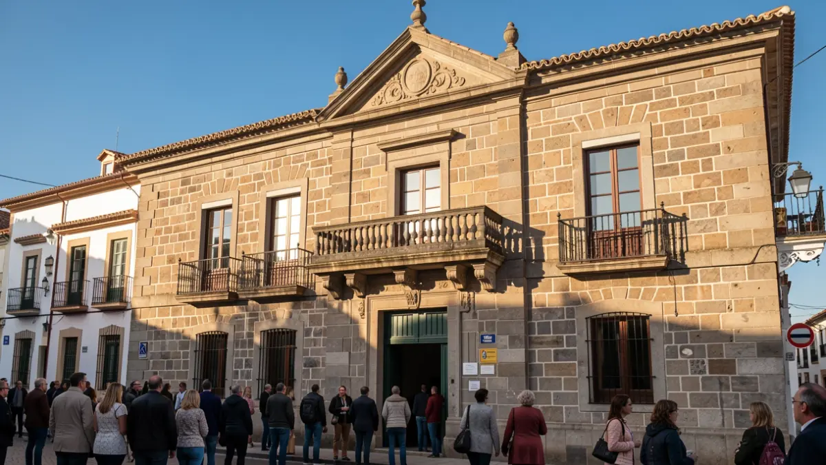 Generic image of a town hall facade with a balcony in the afternoon light.