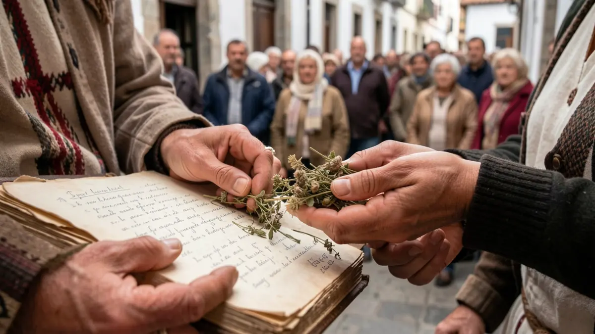 Imagen genérica de manos sosteniendo hierbas medicinales y un libro antiguo con notas.