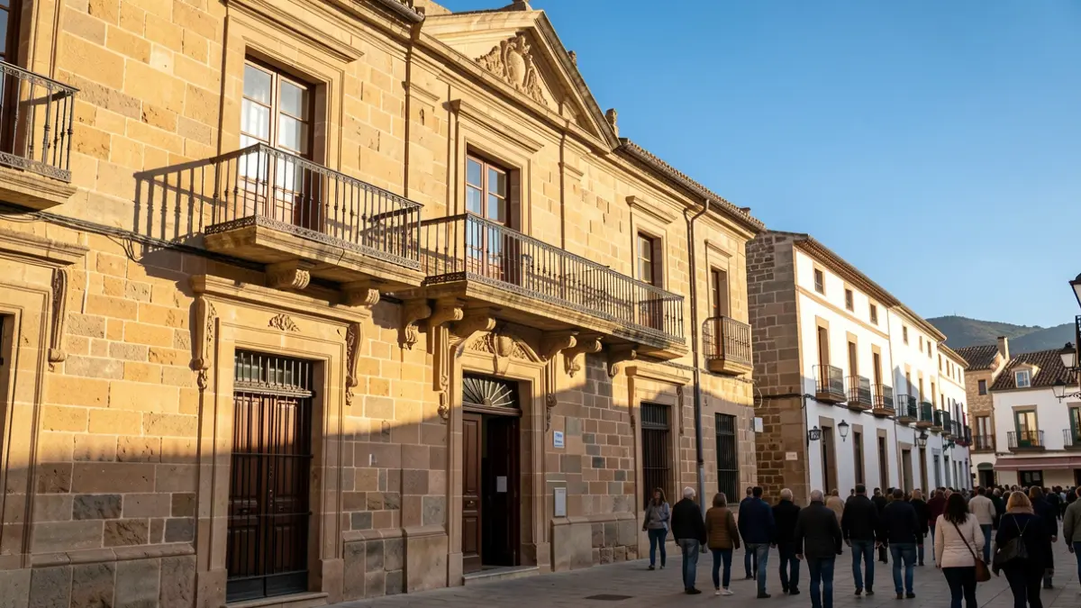 Imagen genérica de la fachada de un ayuntamiento canario con balcón y barandillas de hierro, bajo la luz del sol de la tarde.