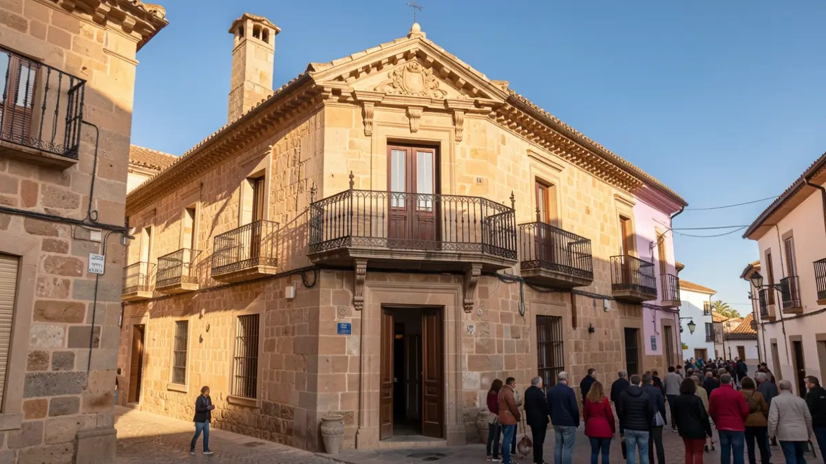 Imagen genérica de la fachada de un ayuntamiento con balcón y barandillas de hierro, luz de tarde, cielo azul.