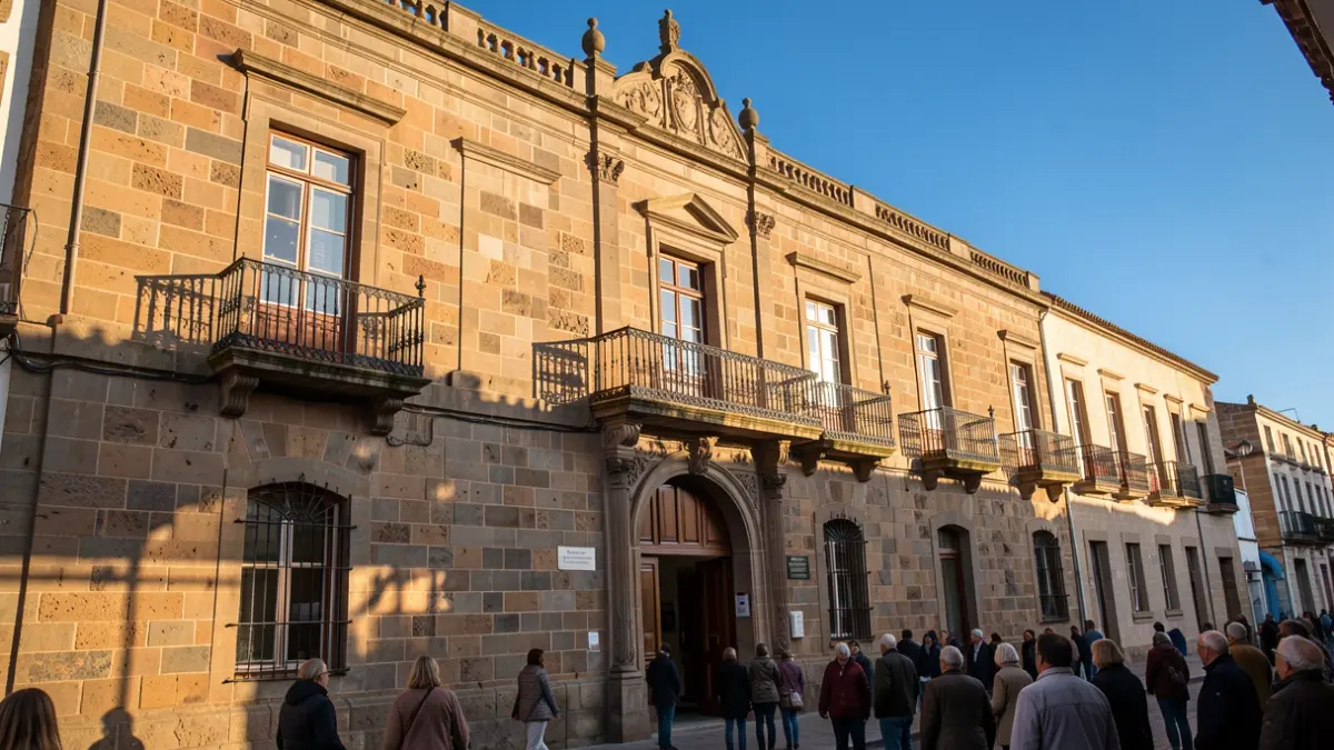 Imagen genérica de la fachada de un ayuntamiento canario de piedra con balcón y barandillas de hierro, bajo la luz del sol de la tarde.