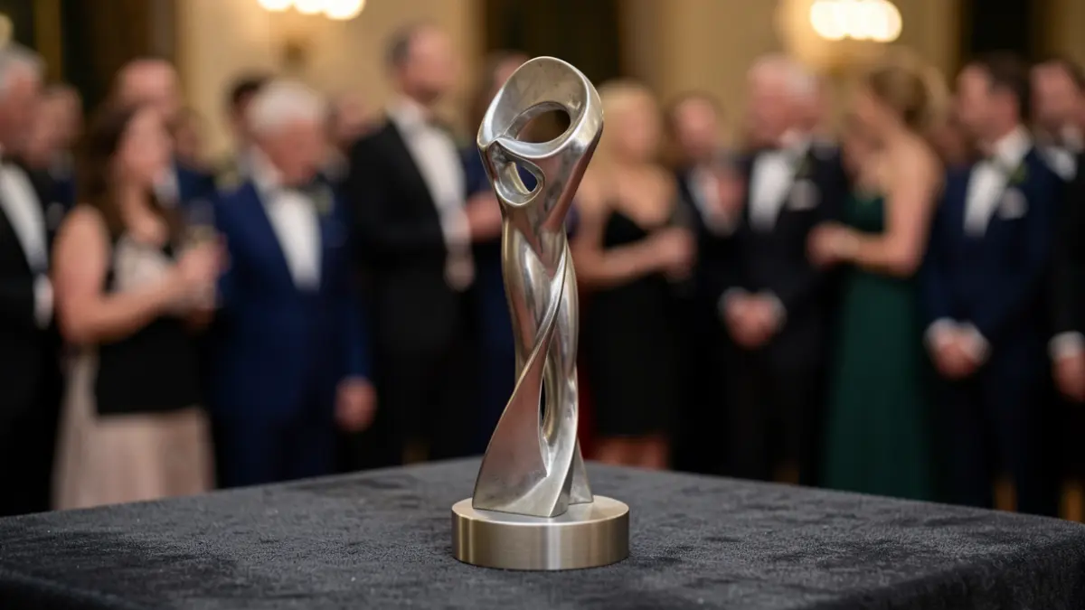 Generic image of an award statuette on a dark surface.