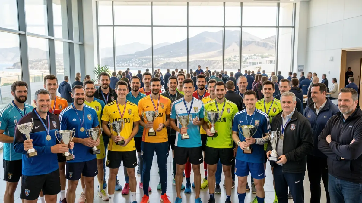 Generic image of a sports recognition event in a municipal hall, with athletes and teams celebrating their achievements.