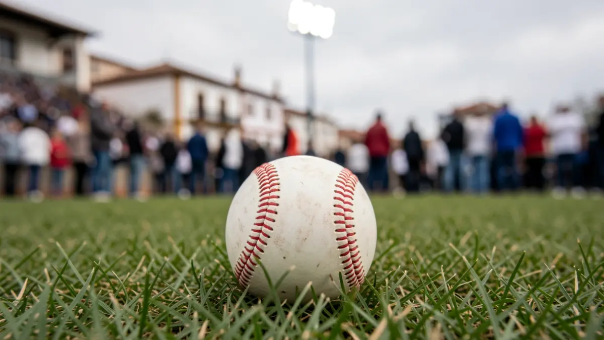 Generic image of a baseball on grass with blurred stadium lights in the background.