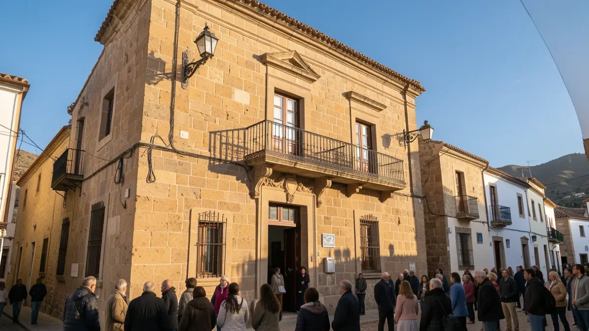 Generic image of a Canarias town hall facade with a balcony and iron railings, afternoon light, and blue sky.