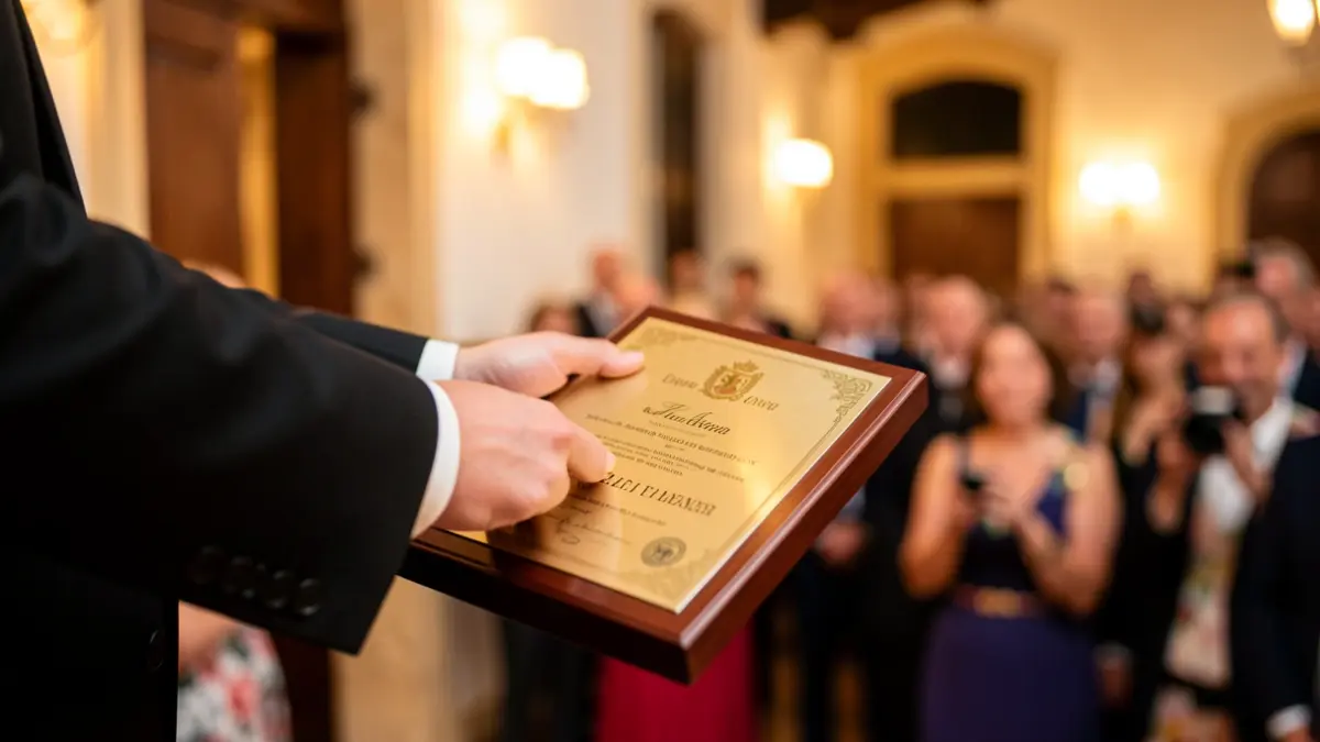 Generic image of a hand receiving an award at a formal event, with blurred Canarian architectural elements in the background.