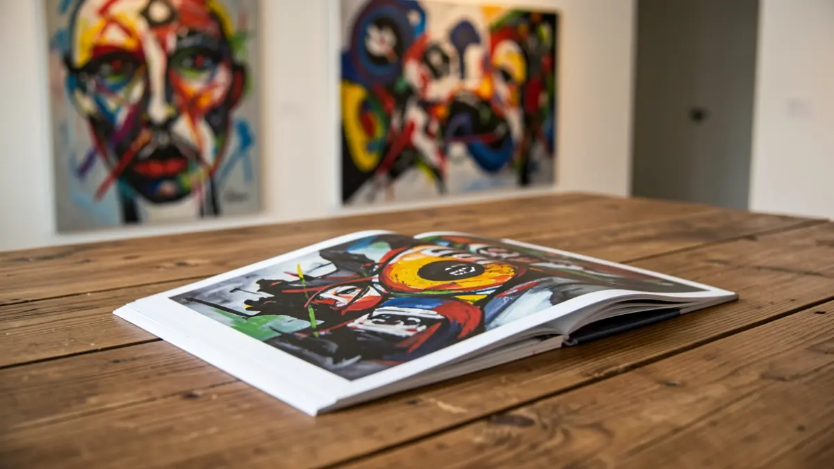 Imagen genérica de un catálogo de arte contemporáneo sobre una mesa de madera, con pinturas abstractas de fondo.