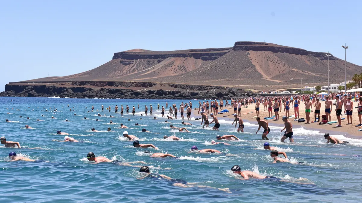 Generic image of a triathlon start on the beach with athletes swimming, volcanic landscape in the background.