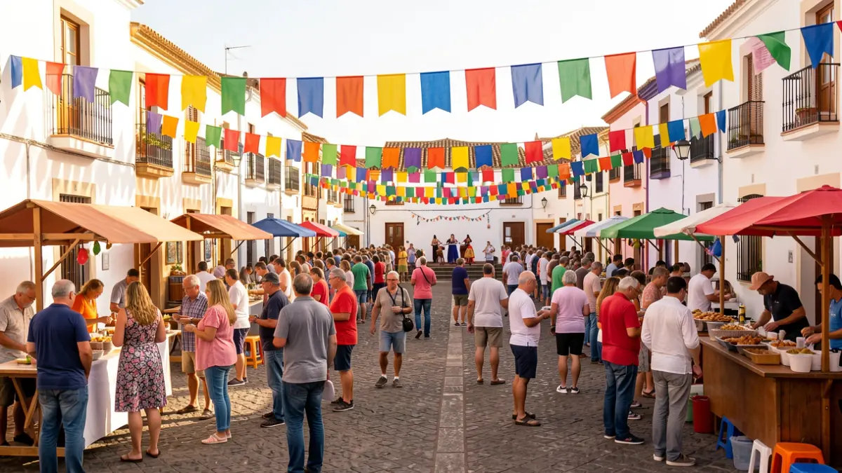 Town square in Haría, Lanzarote, during a local festival with people enjoying activities and gastronomy.