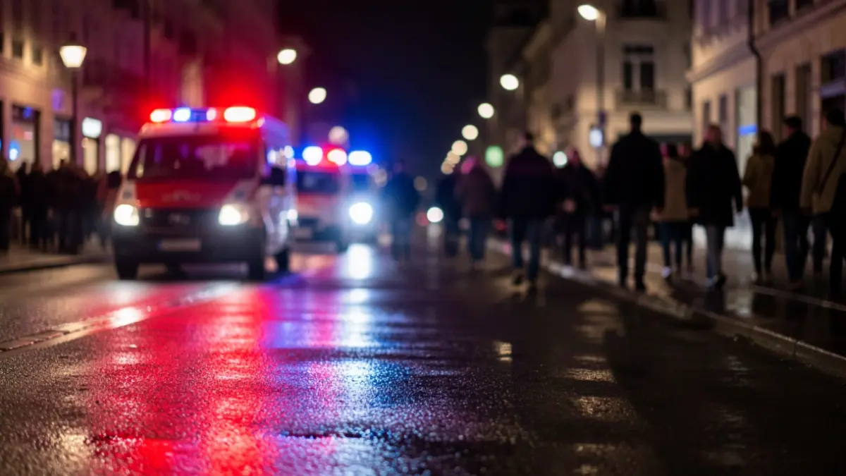 Generic image of red and blue emergency lights reflecting on wet asphalt at night.